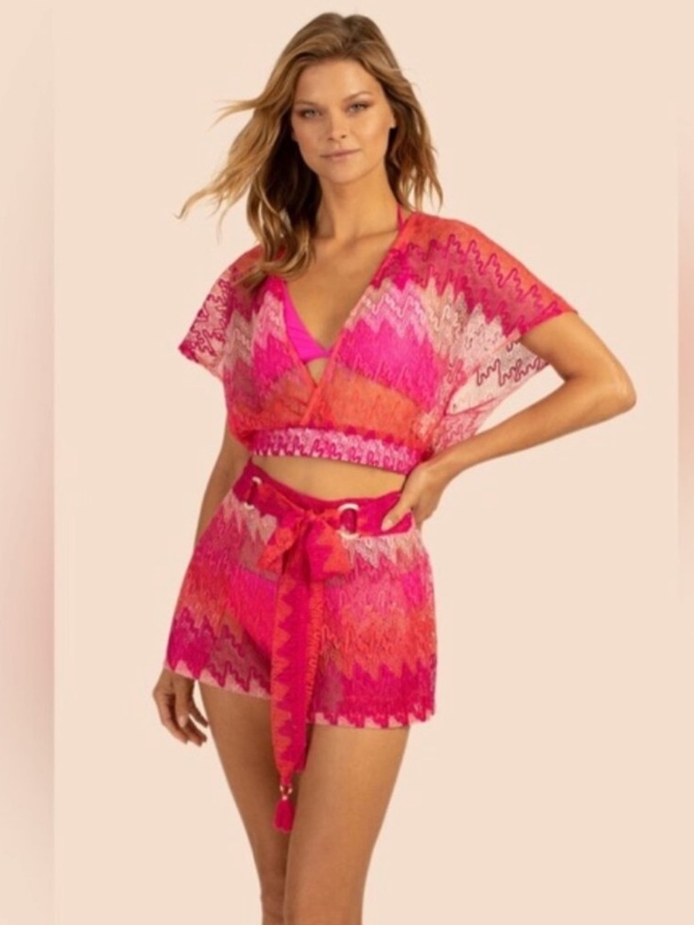 Trina Turk Cascade Crochet Flutter Sleeve Beach Cover Up Top Pink Size Small